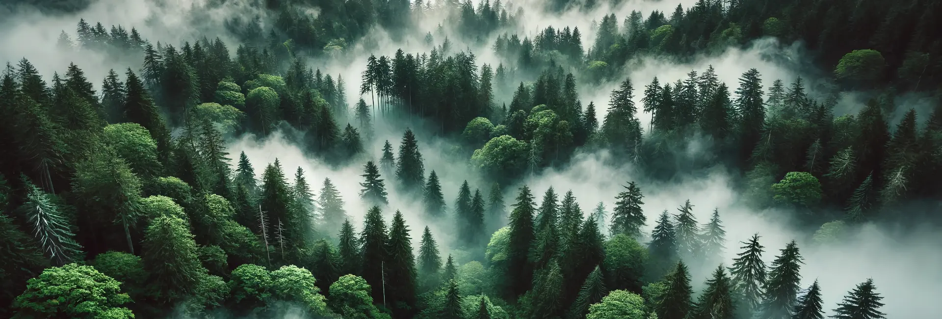 Aerial view of a conifer forest wrapped in fog