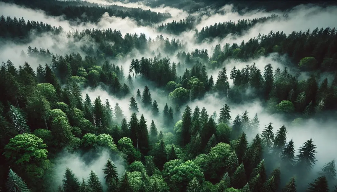 Aerial view of a conifer forest wrapped in fog