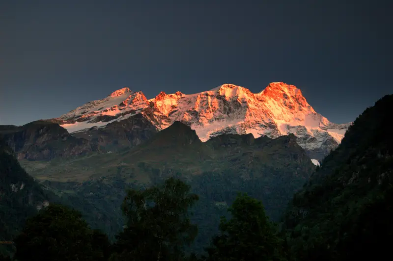 Mountains at sunset above a forest