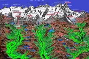 Three-dimensional panoramic map of Alpine valleys