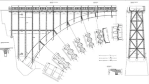 Technical drawing of a steel structure on piers