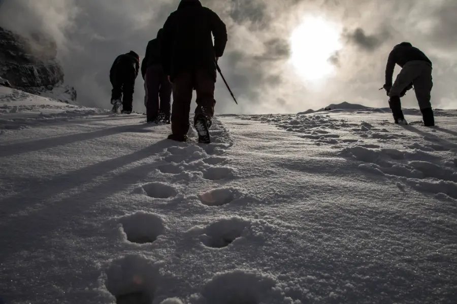 Roped mountaineers on a snowy slope